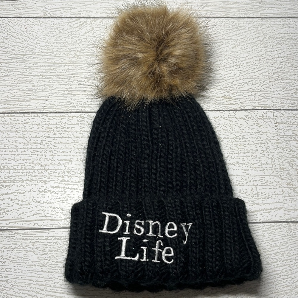 Disney Life Black Knit Fur Pom beanie hat child size